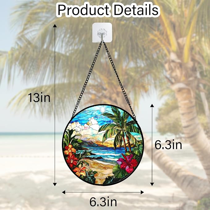 DASTOLL Stained Glass Window Hanging, Blue Beach Scenery Suncatcher Diamond Glass Panel Hangings Sun Catchers Decor for Birthday for Women, Men, Wife, Aunt, and Mom 6.3 in