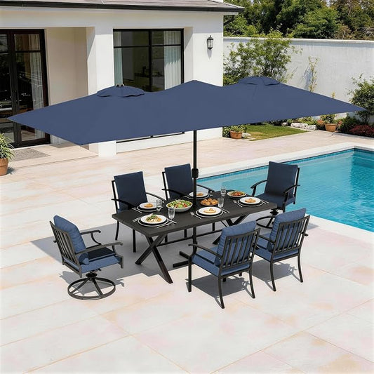 Patio Dining Set for 8 with 13.6ft Double-Sided Patio Umbrella,Outdoor Dining Set of 4 Metal Chairs and 2 Swivel Chairs with Umbrella Hole Table for Backyard,Garden,and Poolside(Navy)
