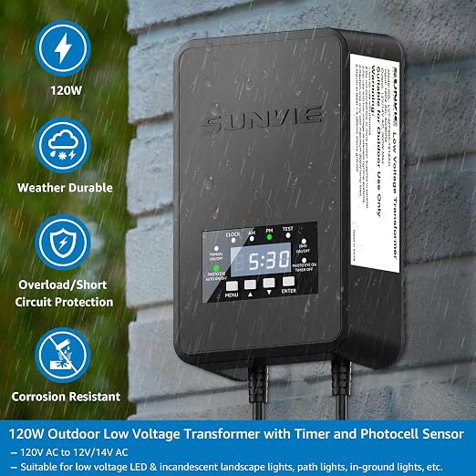 SUNVIE 120W Low Voltage Transformer Outdoor Landscape Lighting Transformer with Timer and Photocell Sensor Waterproof 120V to 12V/14V AC Low Voltage Landscape Transformer for Spotlight Pathway Lights | 120V to 12V/14V AC Landscape Lighting Transformer,...