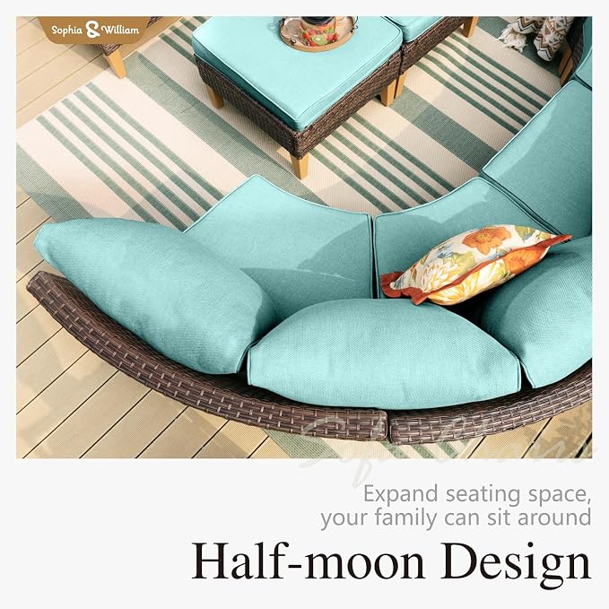 Sophia & William Outdoor Wicker Sectional Sofa Set, 10 Piece Half Moon Curved Patio Furniture Modern Outdoor Couch Conversation Set with Ottoman for Backyard, Pool, Garden(Aqua Blue)