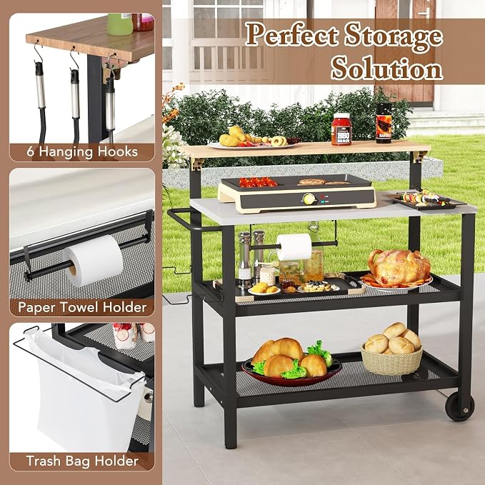 Giantex 2-Piece Outdoor Kitchen Grill Cart Set, Stationary Prep Table & Mobile Grill Cart with Wheels, Connectable L-Shaped Configuration, Flip-Up Bar Top, Foldable Side Table, BBQ Cooking Station