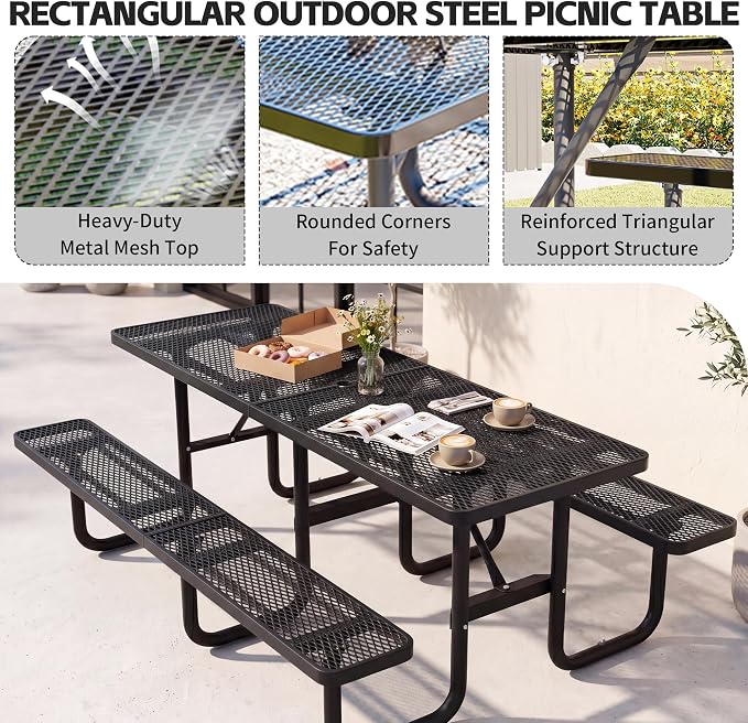 96" Rectangular Metal Picnic Table, Commercial Steel Picnic Tables with 1.96" Umbrella Hole, Heavy Duty Picnic Tables for Outdoor Garden Courtyard BBQ, Black