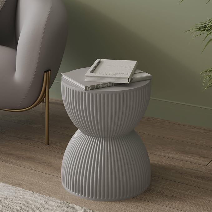 LeisureMod 15" Round Hourglass Fiberstone Side Table, Modern Accent End Table for Indoor Outdoor Use, Durable Small Table for Living Room, Patio, Balcony, or Garden - Grey