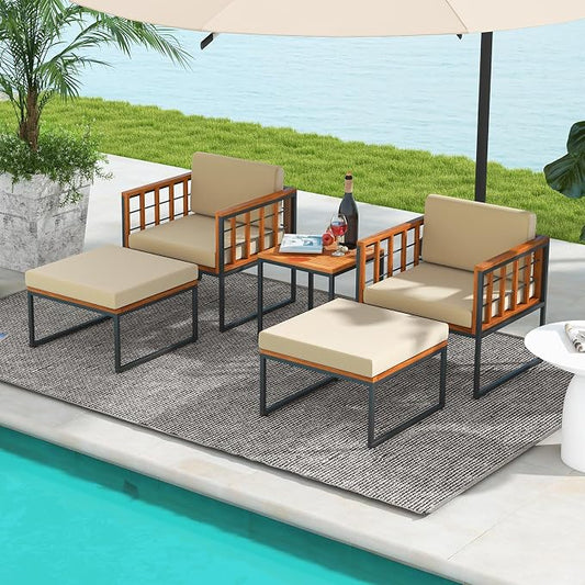 Tangkula 5 Pieces Acacia Wood Patio Furniture Set with Ottomans, Outdoor Conversation Set with Soft Cushions and Coffee Table for Poolside, Garden, Balcony and Backyard (Beige)