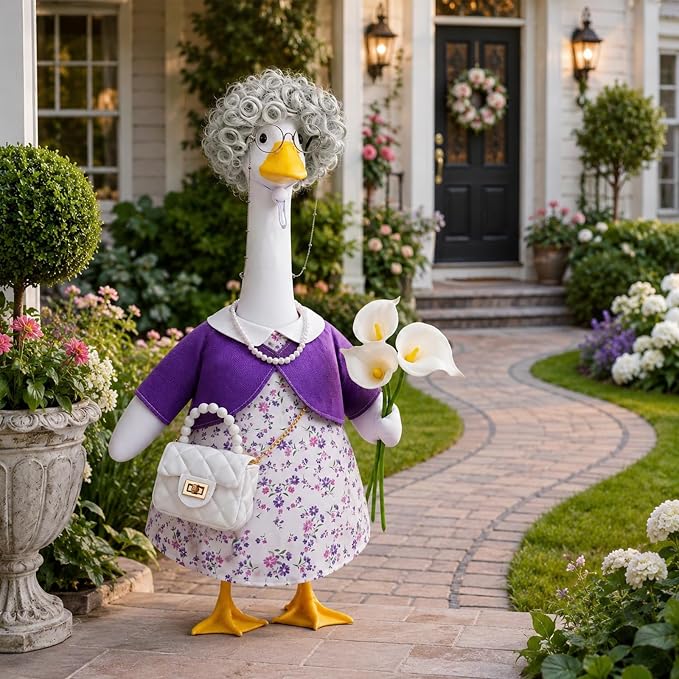 Celltestria Old Lady Goose Outfits Grandma Goose Costume Purple Lily Geese Clothes with Wig Glasses Necklace Bag for 23'' Geese Holiday Outdoor Lawn Patio Yard Garden Decor