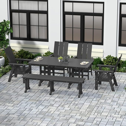 WestinTrends Ashore 6 Pieces Adirondack Patio Dining Set with Bench, All Weather Poly Lumber Slatted Outdoor Furniture Set, 71" Trestle Table and 4 Adirondack Chair and Outdoor Bench, Gray