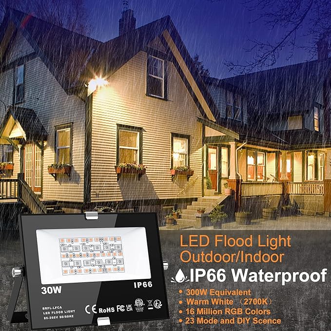 LED Flood Lights RGB Color Changing 300W Equivalent Outdoor, 30W Bluetooth Smart RGB Floodlight APP Control, IP66 Waterproof, Timing, 2700K&16 Million Colors 23 Modes for Garden Stage Lighting 2 Pack