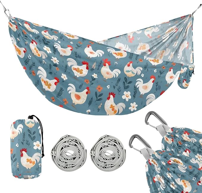Camping Hammock Outdoor Hammocks for Outside Rooster Flowers Beach Trees Portable Lightweight with Pockets Tree Straps Indoor