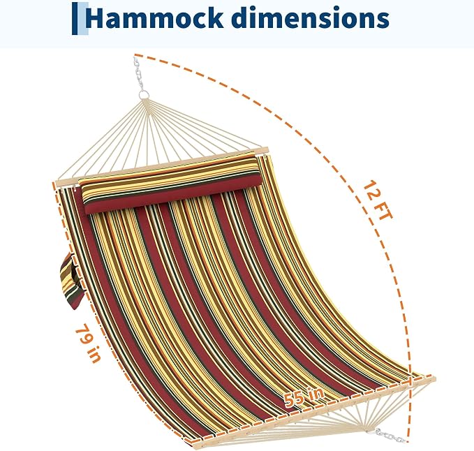 Garvee Double Quilted Fabric Hammock with Hardwood Spreader Bars and Pillow 450 LBS Capacity 2 Person Large Hammock for Outdoor Patio Backyard Poolside（Red and Yellow Stripes）