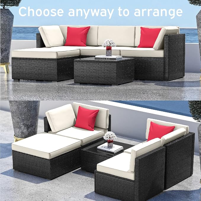 Nestl Outdoor Patio Furniture Sectional, Black Base/Off White Cushions