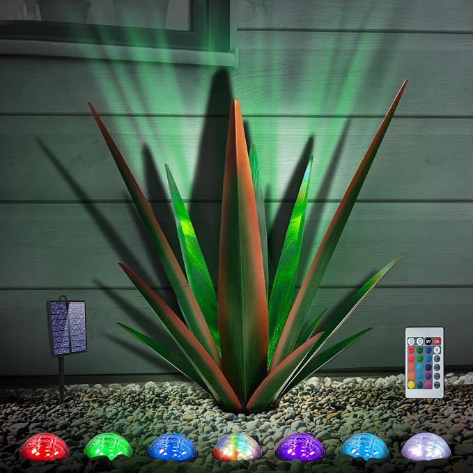 KODIBO Large Metal Agave Plant Outdoor Decor with Solar Light, Dark Green | Tequila Rustic Sculpture with Solar Light, Weather-Resistant Material, Outdoor Garden Sculpture for Patio Path Courtyard Lawn