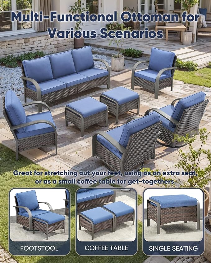 HUMMUH Swivel Rocker Outdoor Chair-High Back Patio Chairs with Ottoman Outdoor Conversation Furniture Sets for Deck Porch Garden Poolside Backyard-Brown/Blue