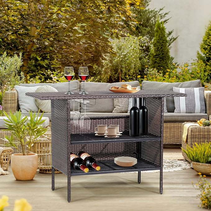 Tangkula Outdoor Wicker Bar Table, Patiojoy All Weather Patio Bar Height Table with 2 Metal Mesh Shelves & 2-Rail Steel Stemware Racks, Rattan Bar Counter Table for Backyard, Poolside (Mix Brown)