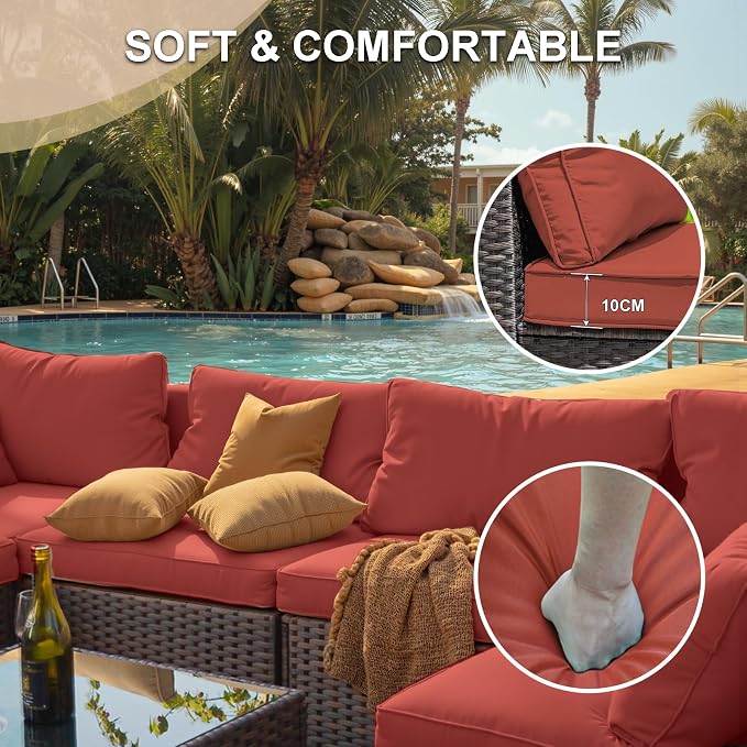 5 Pieces Patio Furniture Set with 42" Fire Pit Table, Outdoor Patio Sectional Sofa, Wicker Rattan Conversation Set, Red