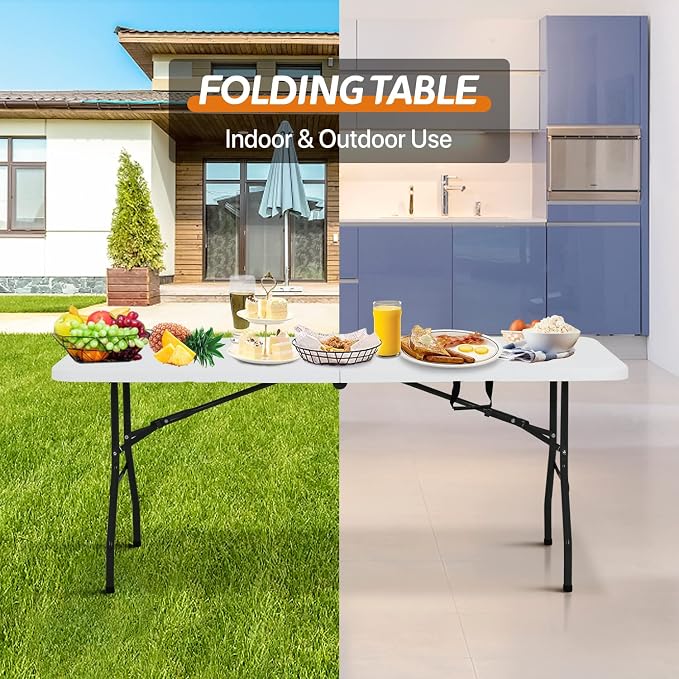 Dkeli Folding Table | 6 ft Folding Picnic Table Portable | Heavy Duty Dining Table | Fold in Half with Handle and Sturdy Steel Frame for Outdoor Indoor Camping, Picnic and Party, White