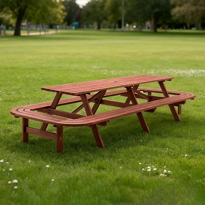 ZeHuoGe Picnic Table with Benches for 14-16 Persons, Nearly 8-Foot Long Outdoor Wooden Rectangle Table for Patio, Garden, Backyard, Large Outside Dining Set with Umbrella Hole
