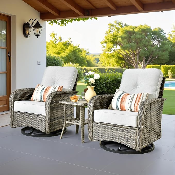 7 Piece Patio Swivel Rocker Chairs Set with Side Table, Light Gray | High Back Deep Seating, All Weather Wicker, Outdoor Glider Chair Set, Porch Deck Backyard Balcony Furniture