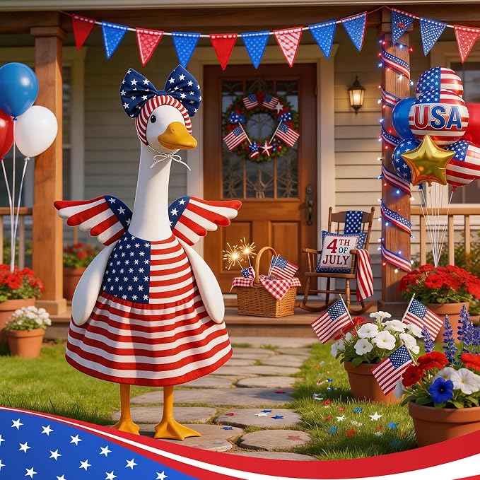 Porch Goose Outfits 23 Inch Summer Statue for 4th of July Patriotic Independence Memorial Day Clothing Dress for Garden Patio Outdoor Holiday Seasonal Costumes Outfit US 250th Anniversary Decoration