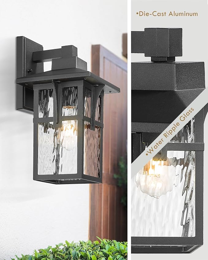 Outdoor Wall Light 2 Pack, HWH Exterior Wall Sconce Light Fixtures with Water Ripple Glass, Outside Lights for Porch, Patio, Balcony, Matte Black Finish, 5HX62B-2PK-SW BK