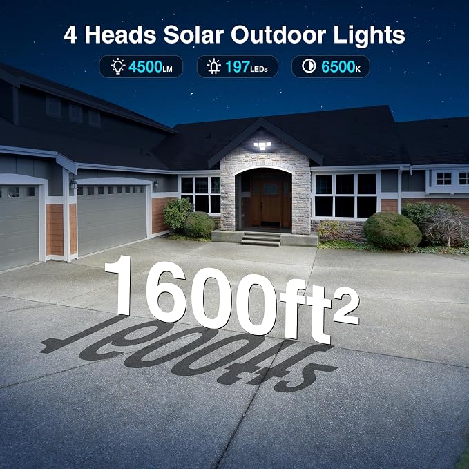 4500LM Solar Lights Outdoor Waterproof, 254 LED Solar Flood Lights Outdoor with 2 Motion Sensor, 4 Heads Security Light for Yard Outside House Garage 2 Pack