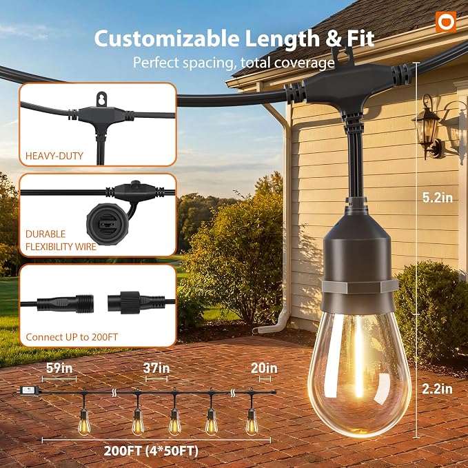 addlon 200FT Outdoor String Lights with Remote Dimmable Waterproof Patio | Warm White Edison Bulbs, Heavy Duty Shatterproof Hanging Strand for Outside Backyard Porch Garden Bistro Pergola Party