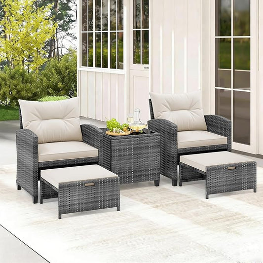COSTWAY 5-Piece Rattan Conversation Set, Outdoor Wicker Sofa, Tempered Glass Coffee Table & Ottomans for Small Space, Boho Chic Indoor/Outdoor Furniture Set for Poolside, Backyard, Deck (White)