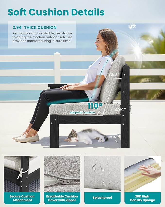 SERWALL HDPE Patio Furniture Set,7 Pieces Patio Conversation Set, All-Weather Modular Patio Sofa Set with Removable Cushions and Coffee Table for Deck, Garden, Porch, Black Frame with Khaki Cushion