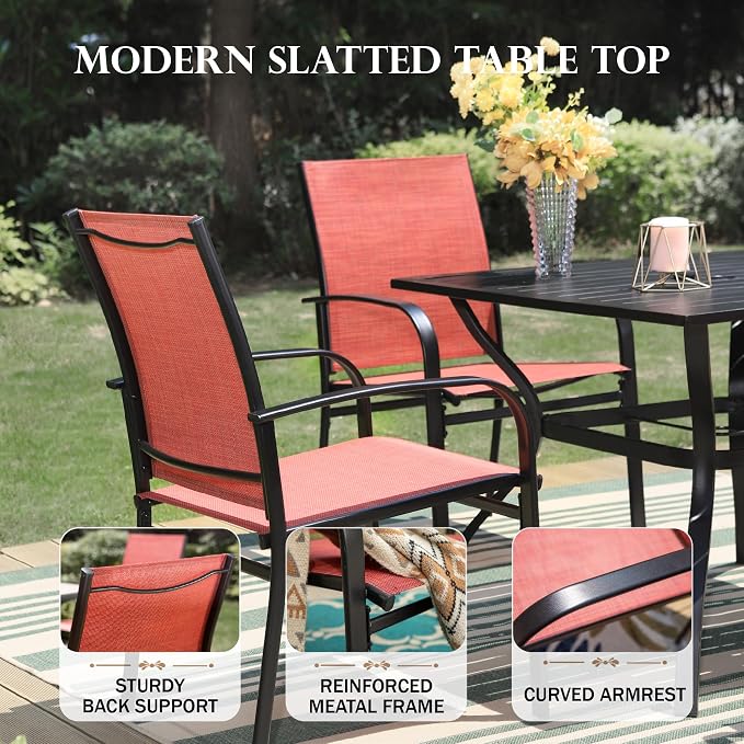 HERA'S HOUSE 5pc Patio Dining Set for 4, 42" Round Metal Table | Red textilene chairs, umbrella hole. Waterproof, rust-resistant, all-weather for backyard, porch