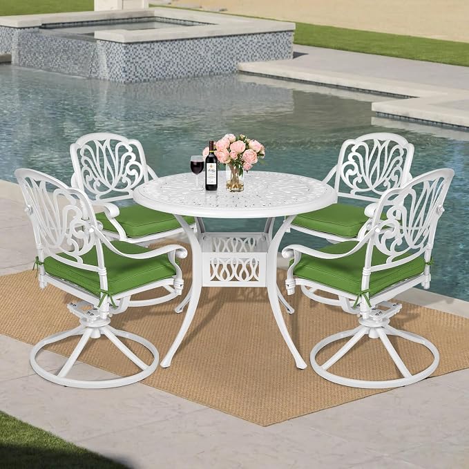 MEETWARM 5-Piece Outdoor Patio Dining Set, All-Weather Cast Aluminum Patio Conversation Set for Backyard Garden Deck with 4 Cushions Swivel Rocker Chairs and 35.4" Round Table, White