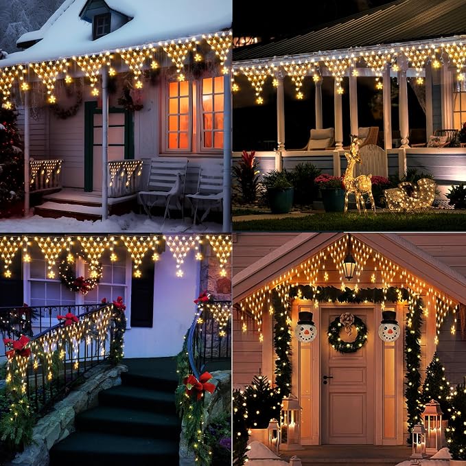 Outdoor Christmas Lights, 14FT 218 LED Curtain Lights, Hanging Fairy String Light, Plug-in LED String Light for Wedding, Party, Indoor, Christmas Decoration - Warm White