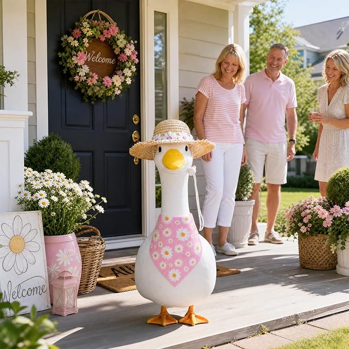 Summer Floral Porch Goose Outfit - 2Pcs Cute Pink Daisy Cottage Style Clothes with Straw Hat & Bandana Bib, Garden Lawn Decoration for 23 Inch Cement/Plastic Statue