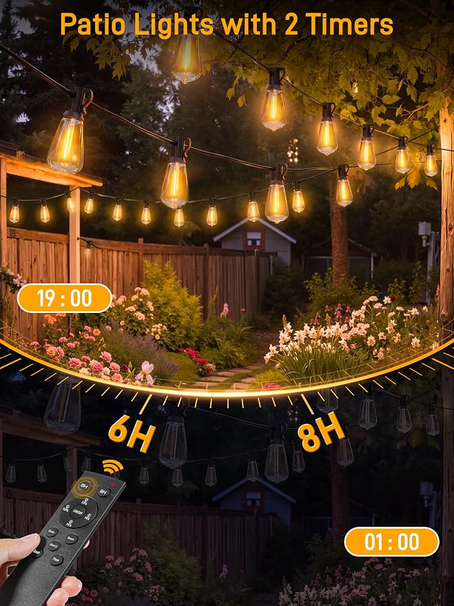 Outdoor String Lights Dimmable with Remote, 150 FT Outdoor Lights with 2 Timer and 3 Mode, Waterproof & Shatterproof Patio Lights, 2200K Energy Saving String Lights 4 Spare Bulbs for Patio Yard
