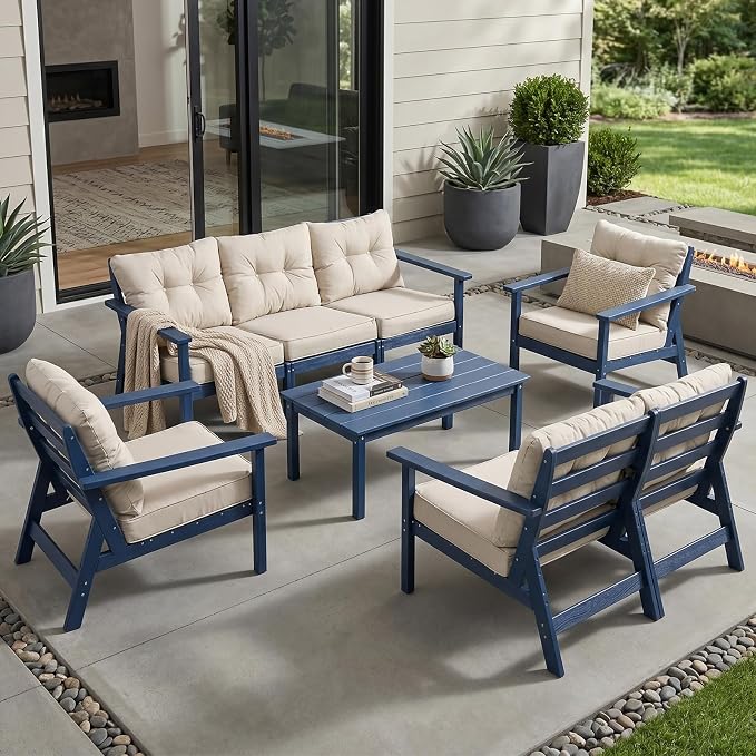 HDPE Patio Conversation Set 7 Seats, Outdoor Furniture Set, Patio Sofa Set | Water-Resistant Thick Cushion, HDPE All Weather, Wood-Grain, No Rot or Rust or Crack, UV Fade Shield, Easy-Clean for Outside