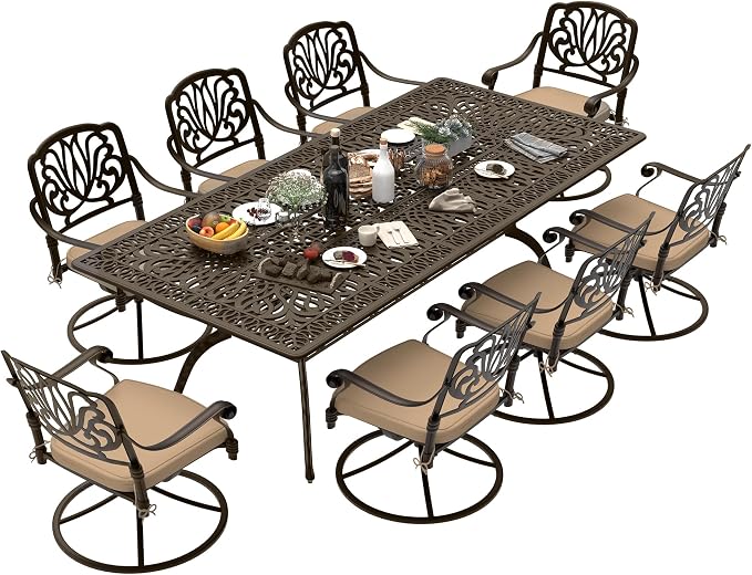 9-Piece Outdoor Dining Set, Retro Bronze Cast Aluminum Patio Furniture Include 86.6" Rectangle Table and 8 Fixed Chairs with Cushion and Umbrella Hole for Patio Deck Garden