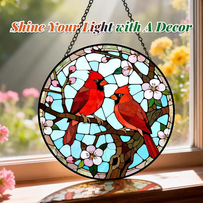Cardinal Pair Stained Glass Suncatcher Window Hanging Bird Memorial Gift | 6.3in Garden Sun Catcher, Red Cardinals Patio Decor, Gifts for Mom Grandma Bird Lovers & Valentine Day, Christmas Ornaments