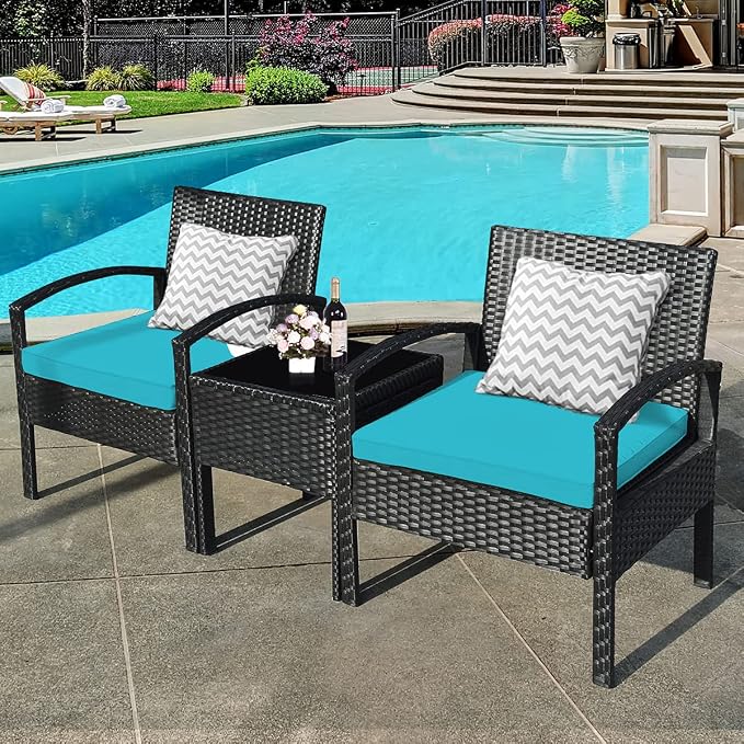 Tangkula 3 Piece Patio Conversation Set, Outdoor Rattan Sofa Set with Seat Cushions & Coffee Table, Patio Wicker Furniture Set for Garden Balcony Backyard Poolside (Turquoise)