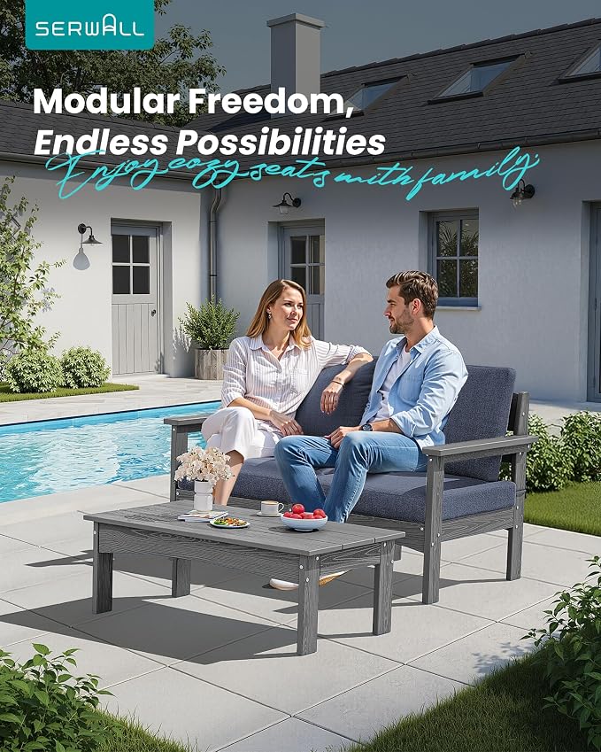 SERWALL HDPE Patio Sofa Set, 3 Pieces Conversation Set, All-Weather Outdoor Couch Sectional Sofas, Patio Furniture Set with Coffee Table for Balcony, Garden, Poolside, Grey Frame with Grey Cushion