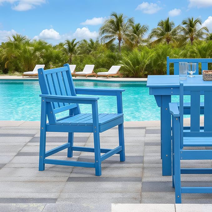 All-Weather Outdoor Chairs, HDPE Outdoor Dining Chair with Backrest and Armrest, 300 LBS Support Garden Patio Furniture Chairs for Poolside, Deck and Porch, Blue