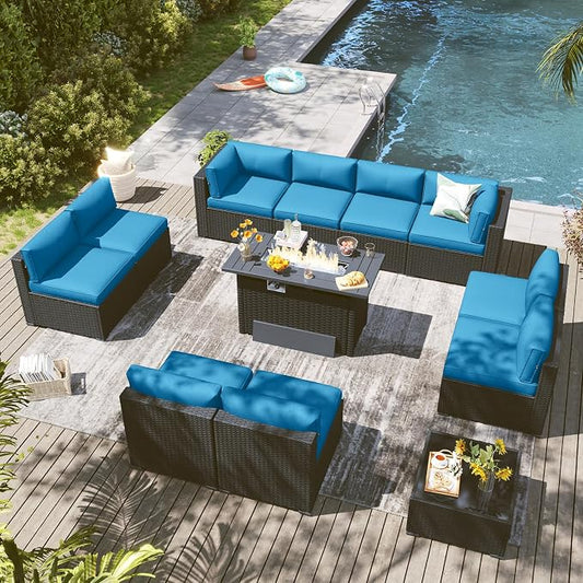 LazySunsets 12 Piece Outdoor Patio Furniture Set with 44'' Fire Pit Table, Outdoor Patio Furniture Sets with 4'' Thicken Cushion, Wicker Outdoor Conversation Set for Backyard & Garden, Peacock Blue