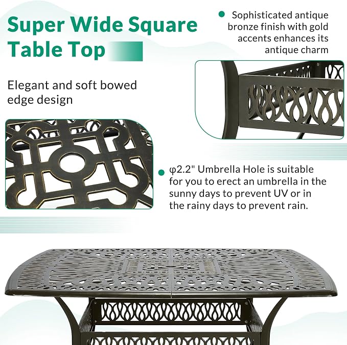 VIVIJASON 9-Piece Outdoor Furniture Dining Set for 8, All-Weather Cast Aluminum Patio Table and Chairs Set with 8 Swivel Rocker Chairs, 64" Large Square Dining Table with 2.2" Umbrella Hole, Red