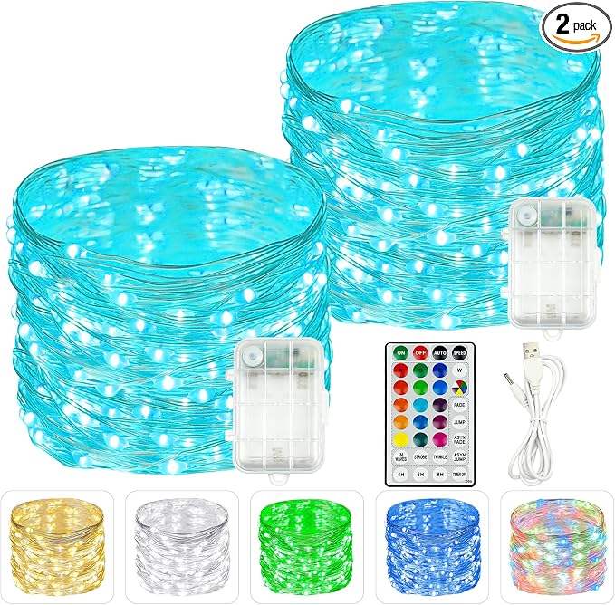 2 Pack 60 LED RGB Color Changing Fairy Lights Battery Operated with Remote | 20FT Christmas Twinkle String Lights with Timer 8 Modes 18 Colors, USB & Battery Powered, Waterproof Outdoor Halloween Decor