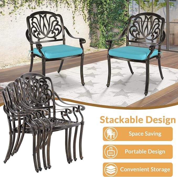 9 Piece Outdoor Patio Dining Set for 8, Cast Aluminium Large Square Dining Table & 2 Swivel Rocker Chairs, 6 Stationary, 8 Cushions, Umbrella Hole, Patio Furniture Set for Garden, Ocean Blue