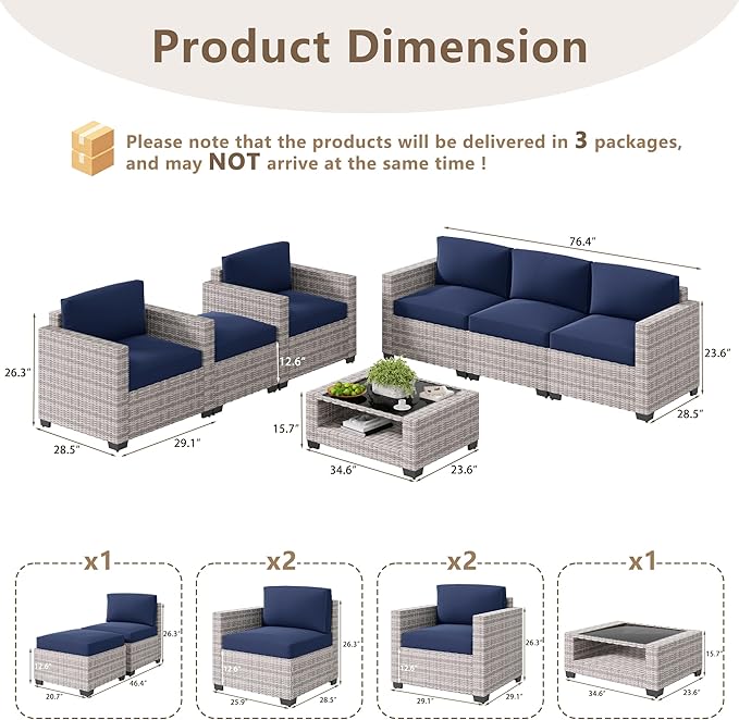 LOUVIXA 7 Piece Outdoor Patio Furniture Set, Rattan Chairs Glass Table Wicker Conversation Seating Sectional Sofa with Cushions (Grey White-Navy, 7Pcs-2 Layer Coffee Table)