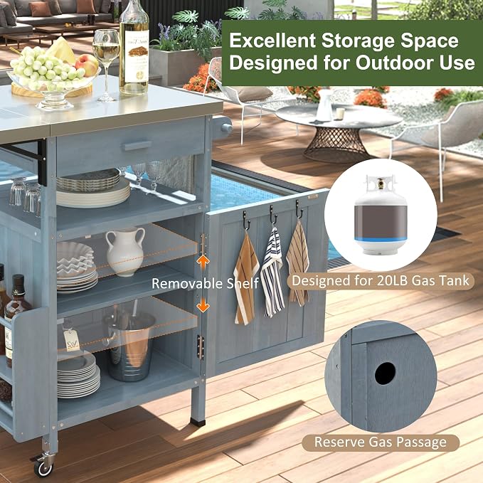 Solid Wood Outdoor Small Grill Table Kitchen Island with Stainless Steel Drop Leaf, Farmhouse Serving Cart with Drawer and Wheels, Outdoor Bar Table for Patio, Lawn Garden, Kitchen, Grey Blue