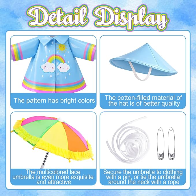 DECOHS 3 Pcs/Set Raincoat Porch Goose Outfits, Summer Lawn Goose Statue Raincoat Costume, Yard Goose Clothes Raincoats Umbrella Hat Outfit for 23" Statue Patio Garden Decoration (Blue Rainbow)