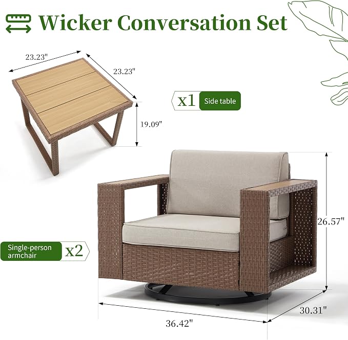 Bonzy Home Wicker Patio Chairs Set of 2 with Rattan Side Table, 360° Swivel Rattan Outdoor Accent Chairs with Extra-Thick Soft Cushions, Patio Conversation Sets for Porch, Garden Poolside Balcony