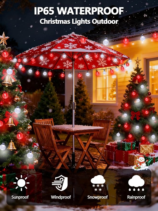 Solar String Lights Outdoor Waterproof 2 Pack 100 LED 64FT Patio Lights | Red and White Crystal Globe, 8 Lighting Modes, Auto On/Off, Solar Powered Light for Outside Yard Wedding Party Xmas Decor