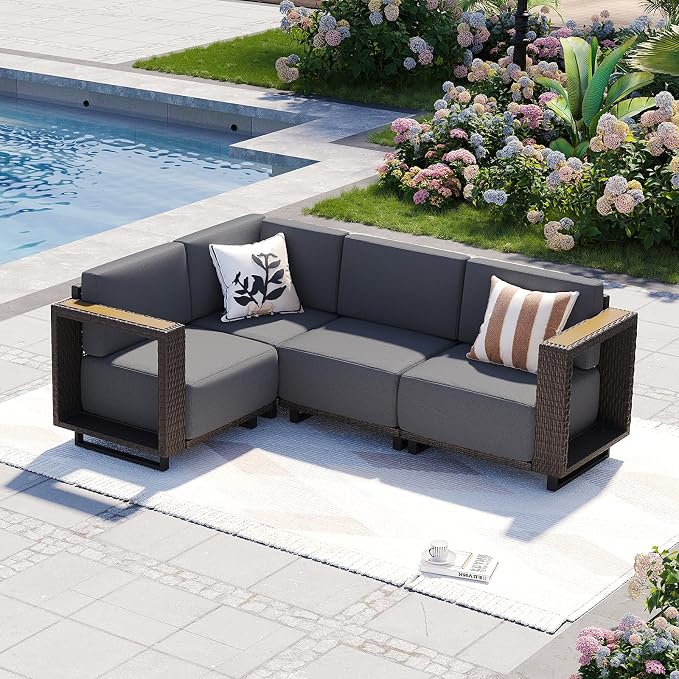 Aoxun Patio Furniture Set, 4 Piece Outdoor Wicker Sectional Sofa Set, All-Weather Rattan with 10'' Ultra-Thick Cushions, Outdoor Conversation Set for Backyard, Poolside and Garden, Brown/Dark Gray