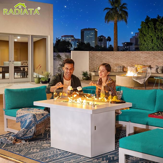 RADIATA 7 Pcs Large Aluminum Outdoor Patio Furniture Set with Rectangular Fire Pit Table, 29" Wide Deep Seat, Rust Proof Minimalist Sectional Sofa, 500 lbs Sturdy Backyard Conversation Set, Turquoise