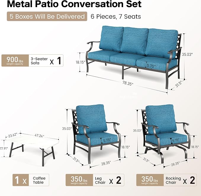 SUNSHINE VALLEY 6 Piece Metal Outdoor Patio Furniture Set, Patio Conversation Set 3-Seater Sofa, 2 Rocking Chair, 2 Leg Chair with 5.75" Thick Cushion and Coffee Table, Backyard Furniture Set, Blue-2